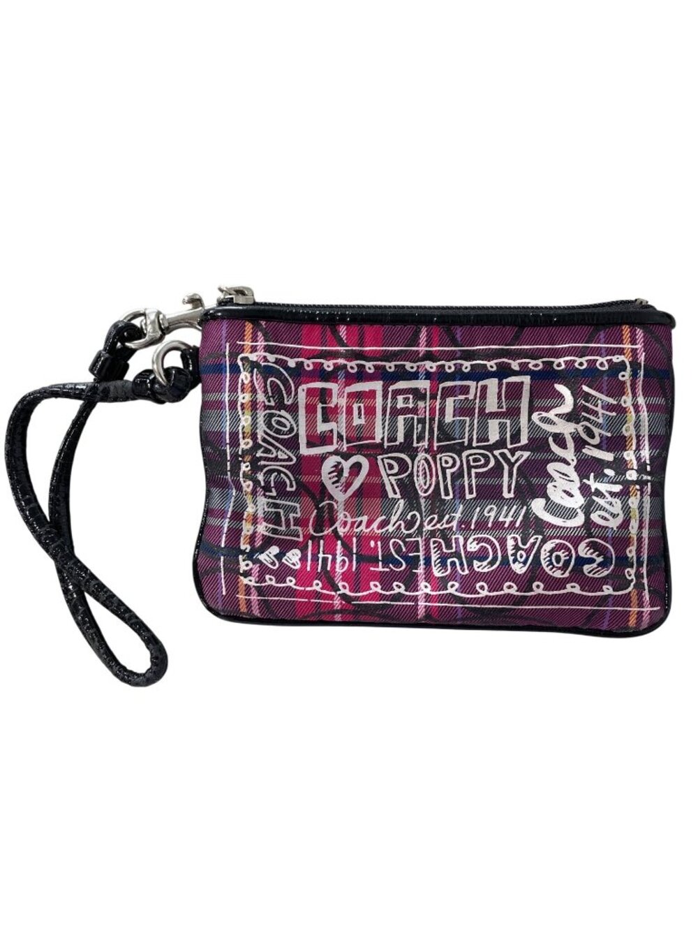 Coach Poppy Wristlet Plaid Black Strap Logo Design Purple Pink White Lightweight